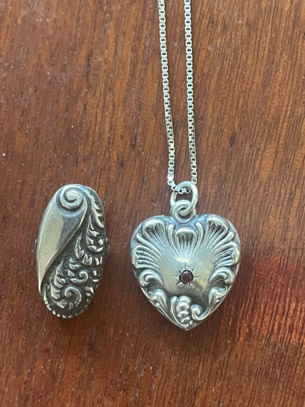 Antique Sterling Silver Heart  w Garnet Repousse Scrollwork Necklace & clip